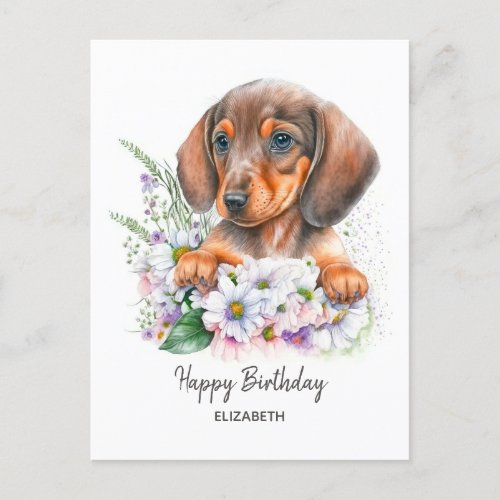 Happy Birthday  Watercolor Dachshund and Florals Postcard
