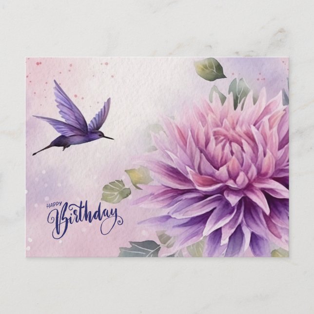 Happy Birthday Watercolor Dahlia Flower  Postcard (Front)