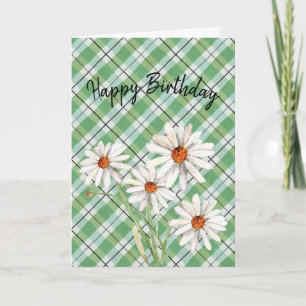 Happy Birthday Watercolor Daisy on Plaid Card