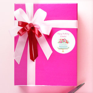 Happy Birthday Watercolor Floral Birthday Cake Classic Round Sticker