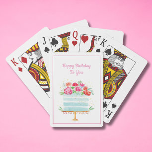 Happy Birthday Watercolor Floral Birthday Cake Poker Cards