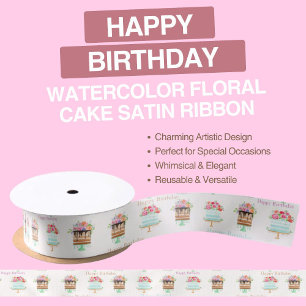 Happy Birthday Watercolor Floral Cake Satin Ribbon