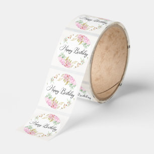happy birthday watercolor floral pink modern classic round sticker