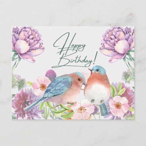 Happy Birthday Watercolor Flowers Birds  Postcard