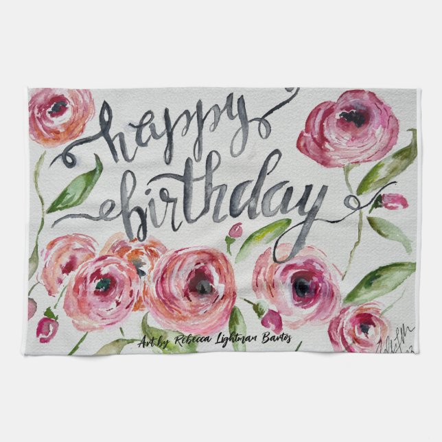 Happy Birthday Watercolor Flowers Kitchen Towel (Horizontal)