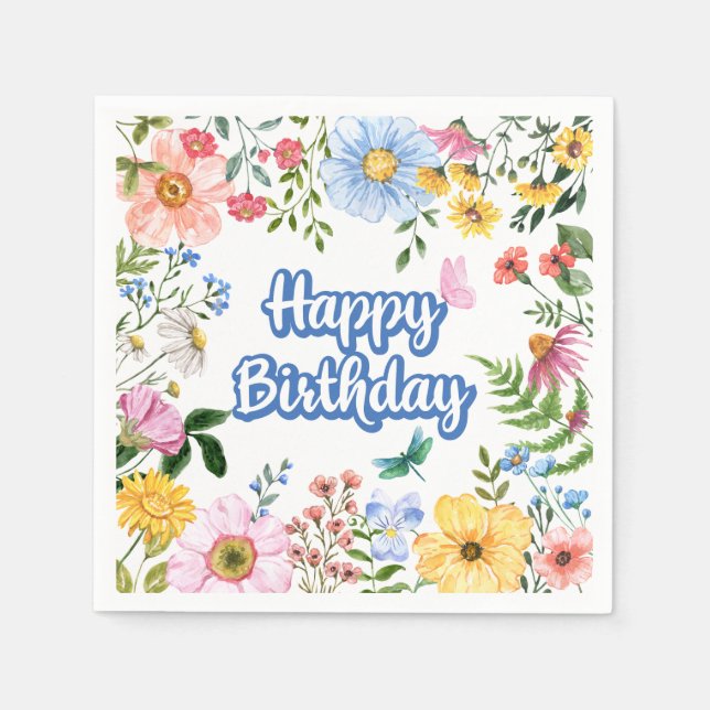 Happy Birthday Watercolor Flowers  Napkins (Front)