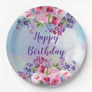 Happy Birthday Watercolor Flowers Paper Plates