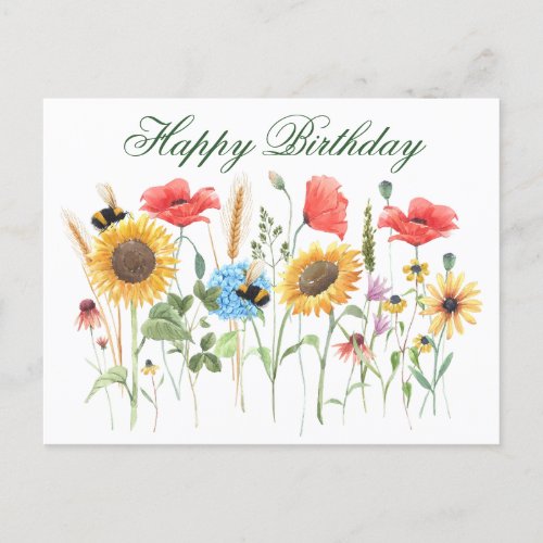 Happy Birthday Watercolor Flowers  Postcard