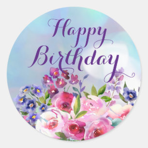 Happy Birthday Watercolor Flowers Round Stickers
