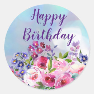 Happy Birthday Watercolor Flowers Round Stickers