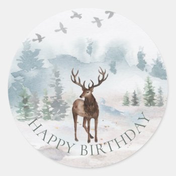 Happy Birthday Watercolor Forest Woodland Deer Classic Round Sticker by MaggieMart at Zazzle