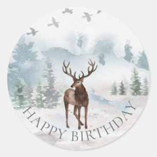 Happy Birthday Watercolor Forest Woodland Deer Classic Round Sticker