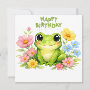 Happy Birthday Watercolor Frog with Flowers  Card
