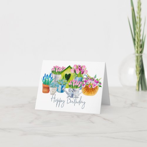 Happy Birthday Watercolor Garden Flowers _ Tulips  Card