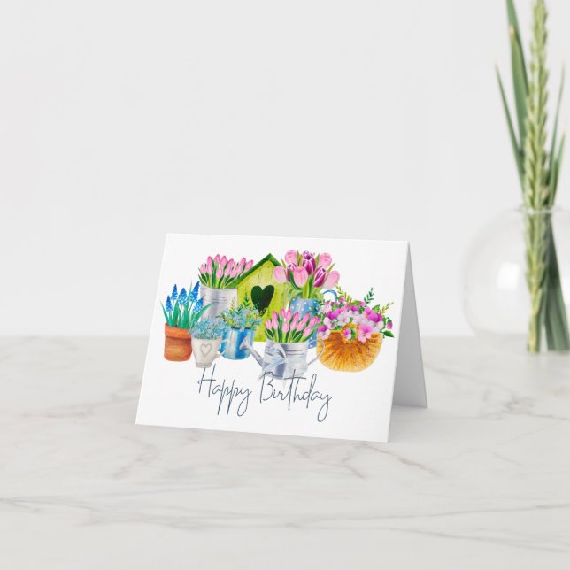 Happy Birthday Watercolor Garden Flowers - Tulips  Card (Front)