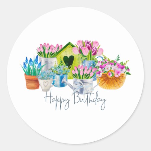 Happy Birthday Watercolor Garden Flowers _ Tulips  Classic Round Sticker