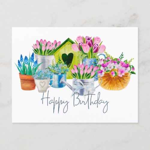 Happy Birthday Watercolor Garden Flowers _ Tulips  Postcard