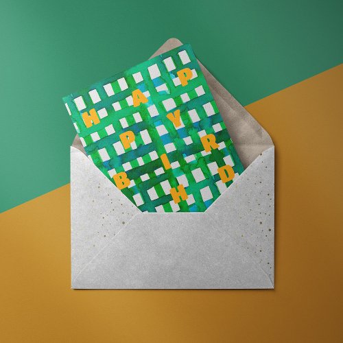 Happy birthday watercolor green grid postcard