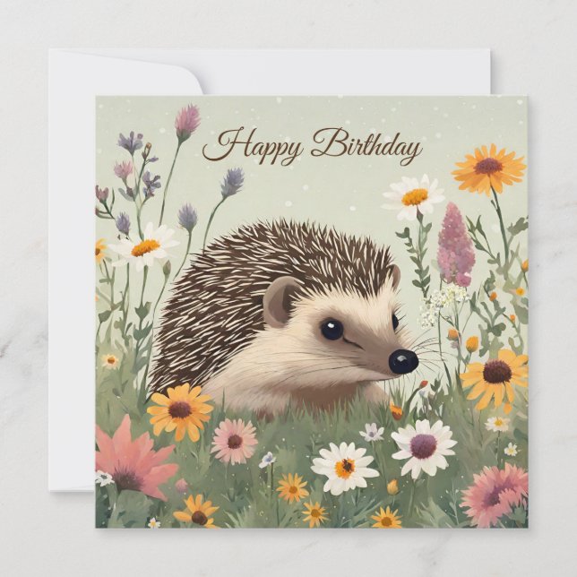 Happy Birthday Watercolor Hedgehog and Flowers  Card (Front)