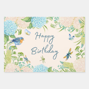 Happy Birthday Watercolor Hydrangea Flowers Wrapping Paper Sheets