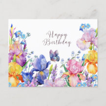 Happy Birthday Watercolor Iris Flowers and Garden