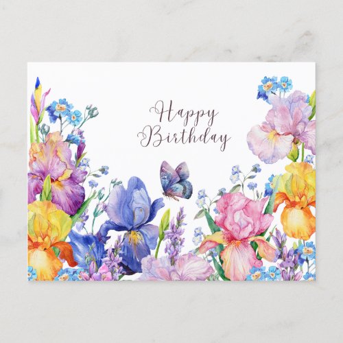 Happy Birthday Watercolor Iris Flowers and Garden Postcard