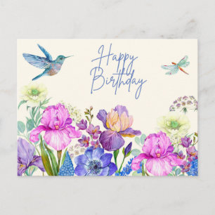 Happy Birthday Watercolor Iris Flowers Nature  Postcard
