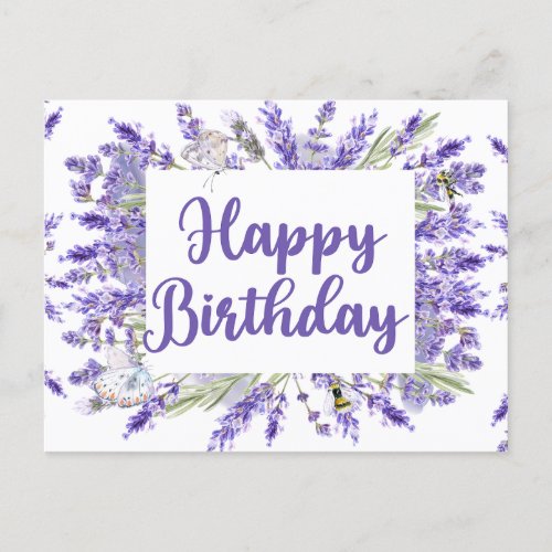 Happy Birthday Watercolor Lavender Flowers Postcard