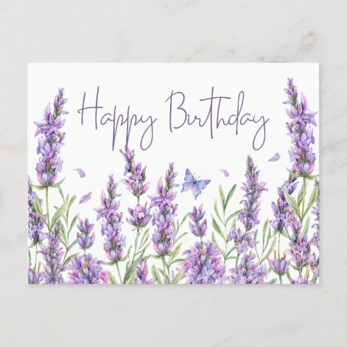 Happy Birthday Watercolor Lavender Flowers  Postcard