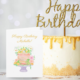 Happy Birthday Watercolor Lemon Floral Cake Card