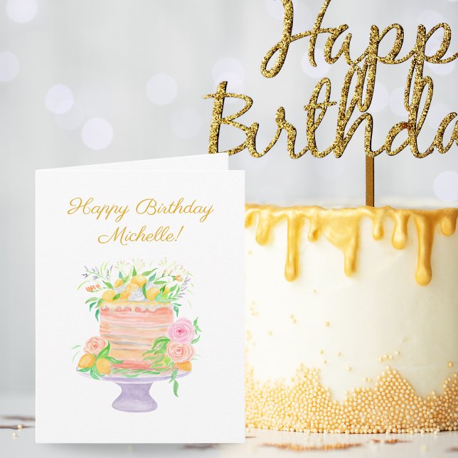 Happy Birthday Watercolor Lemon Floral Cake Card (Creator Uploaded)