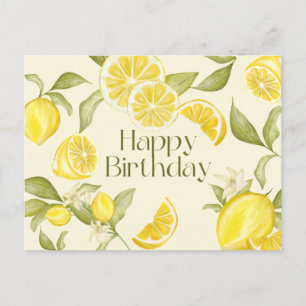Happy Birthday Watercolor Lemons, Lemon Blossom Postcard