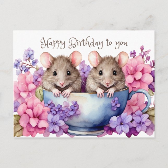 Happy Birthday Watercolor Mice in a Teacup  Postcard (Front)