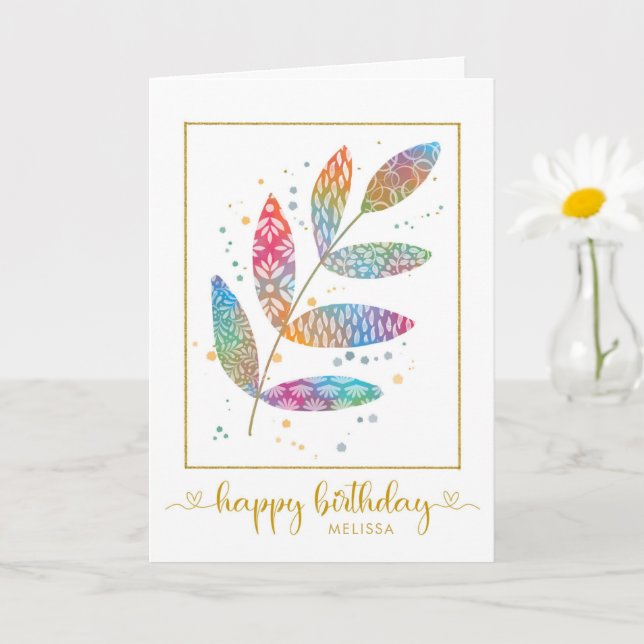 Happy Birthday Watercolor Pattern Leaves  Card (Small Plant)