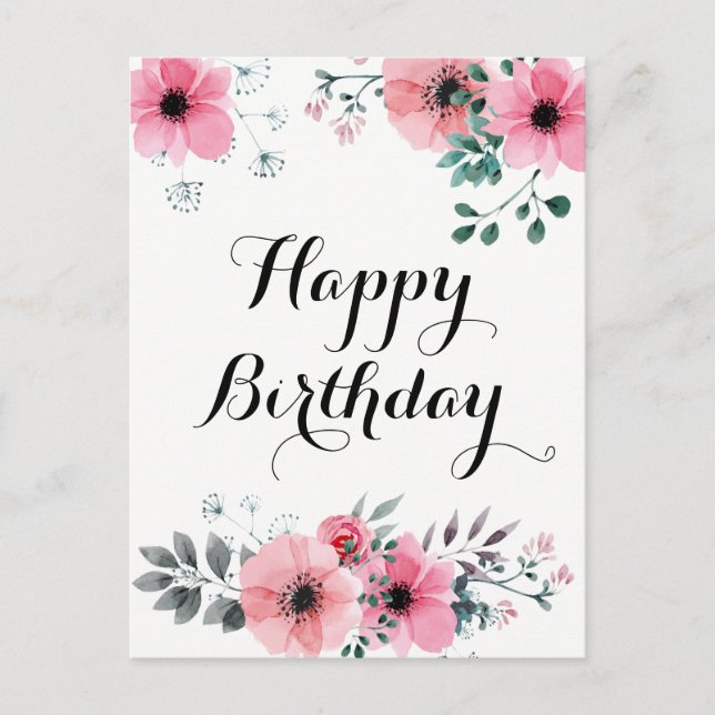 Happy Birthday Watercolor Pink Floral Postcard (Front)