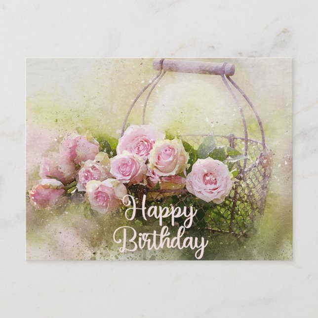 Happy Birthday Watercolor Pink Roses in a Basket Postcard (Front)