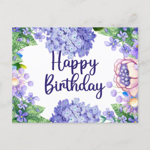 Happy Birthday Watercolor Purple Flowers Postcard