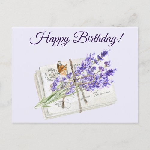 Happy Birthday Watercolor Purple Lavender Flowers Holiday Postcard