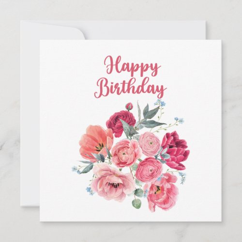 Happy Birthday Watercolor Red  Pink Flowers