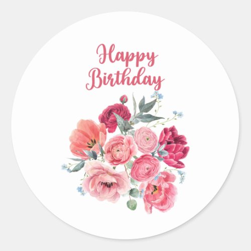 Happy Birthday Watercolor Red  Pink Flowers  Classic Round Sticker