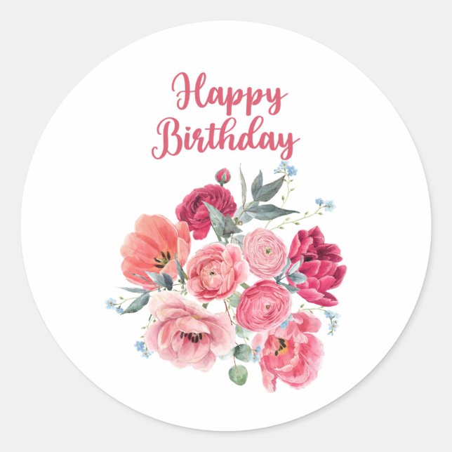 Happy Birthday Watercolor Red & Pink Flowers  Classic Round Sticker (Front)