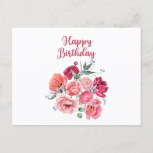 Happy Birthday Watercolor Red & Pink Flowers  Postcard