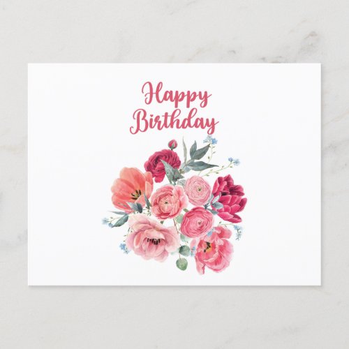 Happy Birthday Watercolor Red  Pink Flowers  Postcard