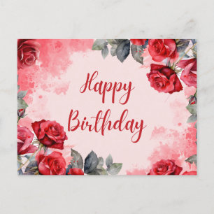 Happy Birthday Watercolor Red Roses Postcard