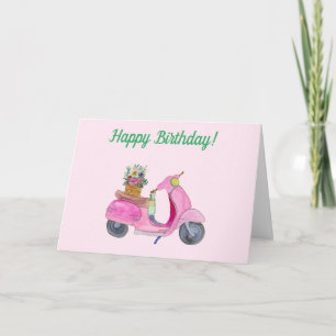 Happy Birthday Watercolor Scooter Flowers & Wine Card