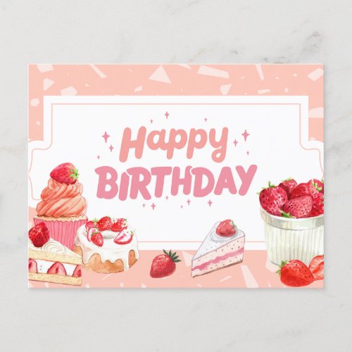 Happy Birthday Watercolor Strawberry Fruit Cakes Postcard