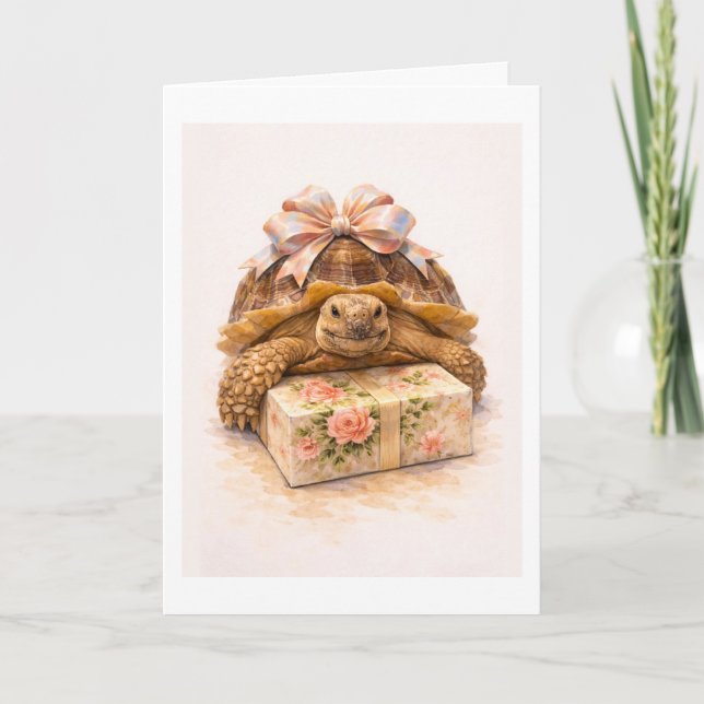 Happy Birthday Watercolor Sulcata turtle present Card (Front)