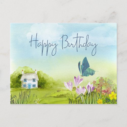 Happy Birthday Watercolor Summer Cottage Postcard