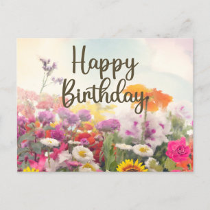 Happy Birthday Watercolor Summer Wildflowers Postcard