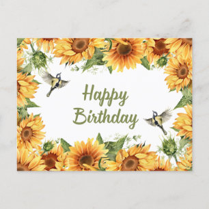 Happy Birthday Watercolor Sunflowers & Birds Postcard